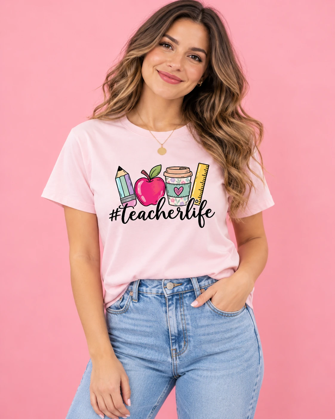 Camiseta Rosa #TeacherLife para Maestras